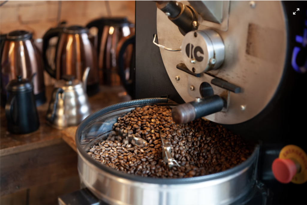 Independent roaster checking the coffee roast inside the drum