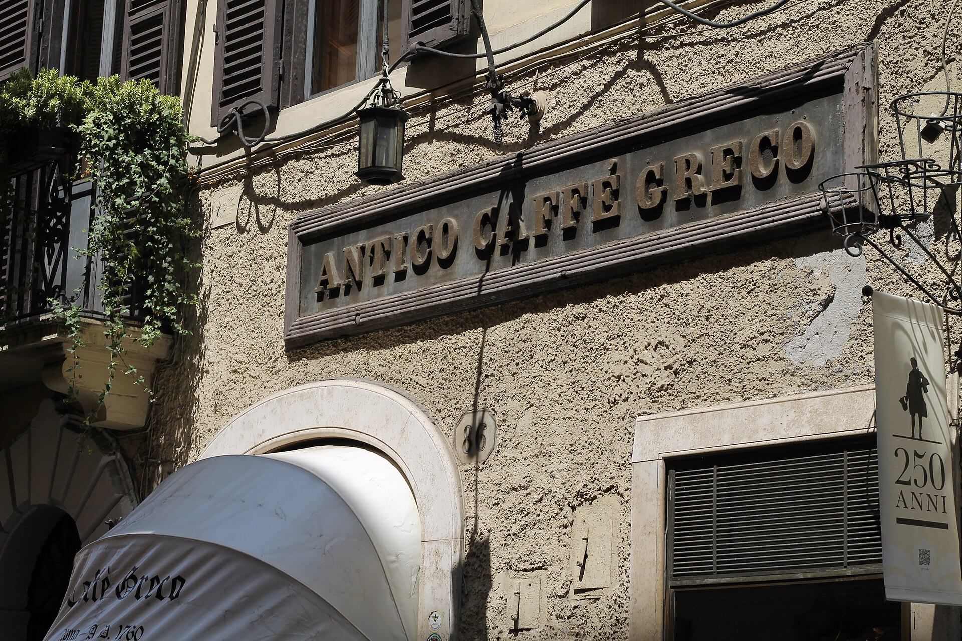The sign of Antico Caffè Greco on Via dei Condotti, among the oldest historic cafes in Italy