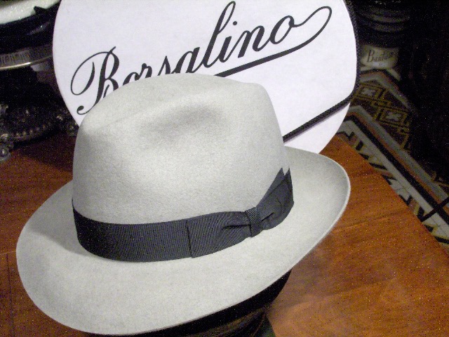Grey Borsalino fedora hat, whose leather band inspired the marocchino coffee name