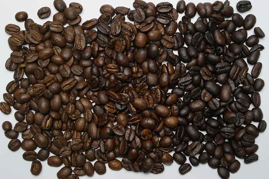 Light, medium and dark roasted coffee beans side by side, a common source of specialty coffee myths