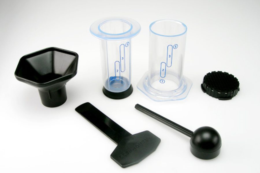 AeroPress brewer, plunger and cup, a simple way to make espresso without a machine