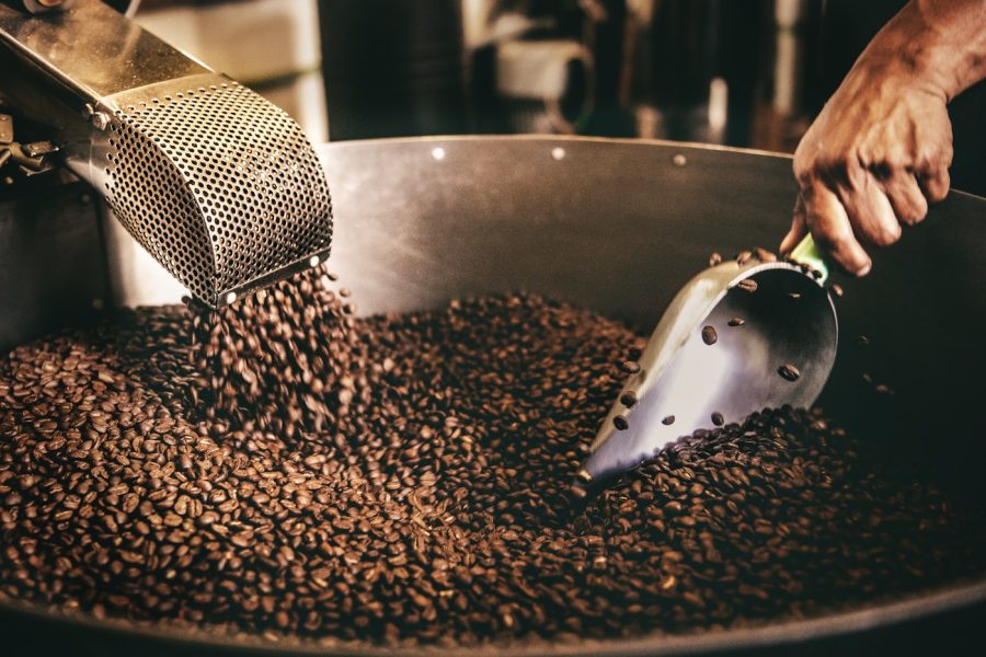 Coffee beans being processed during roasting, part of the decaffeination process