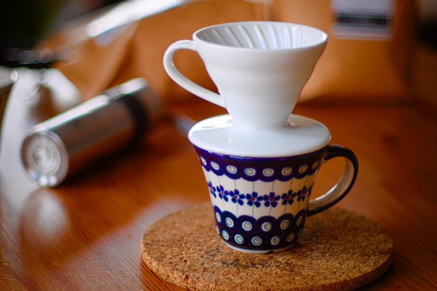 Hario V60 dripper on a table, a classic pour-over cone