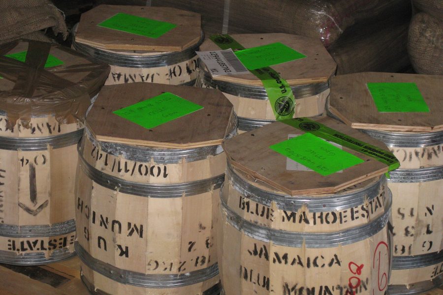 Wooden barrels of Jamaica Blue Mountain coffee beans