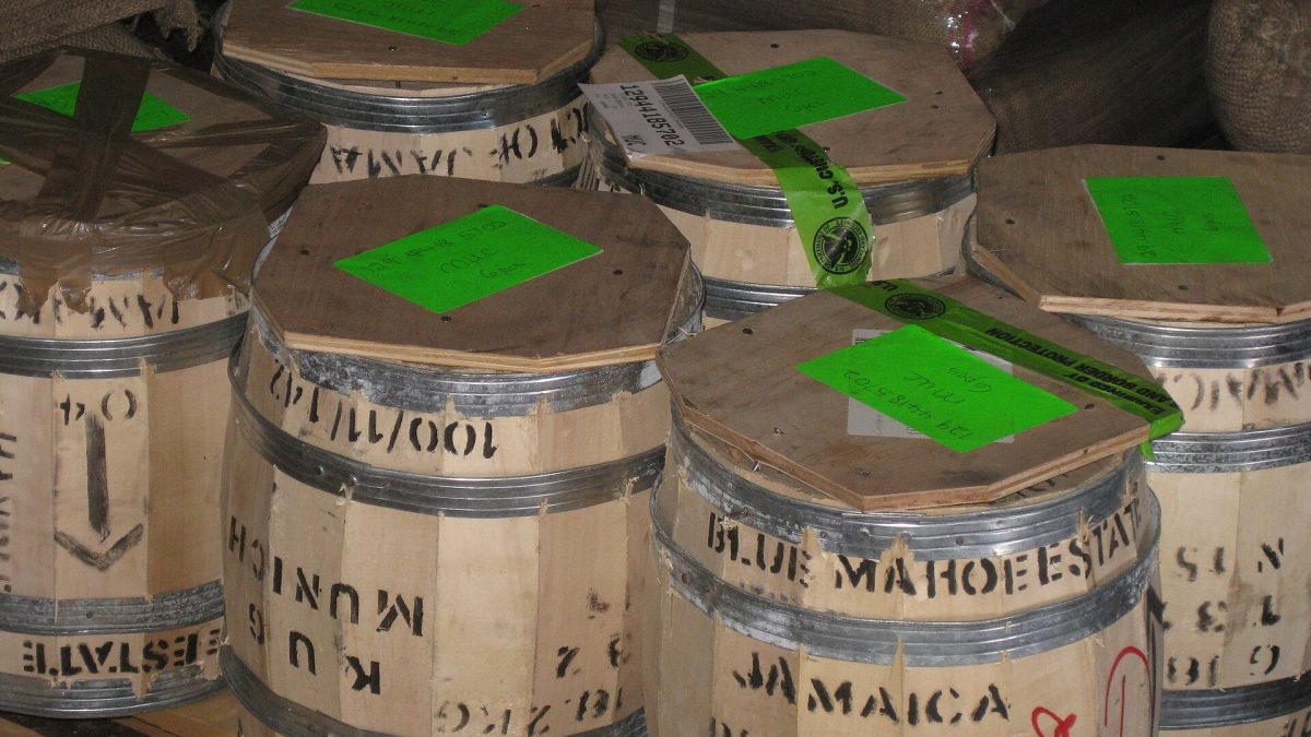 Wooden barrels of Jamaica Blue Mountain coffee beans
