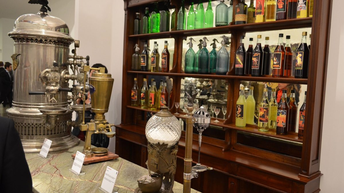 A reconstructed vintage Italian bar counter, a symbol of Italian coffee culture