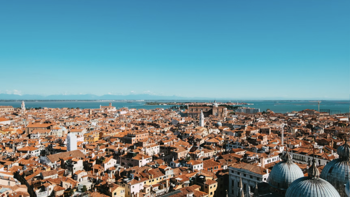 Aerial view of Venice's rooftops, where the first coffee houses appeared in the 1600s